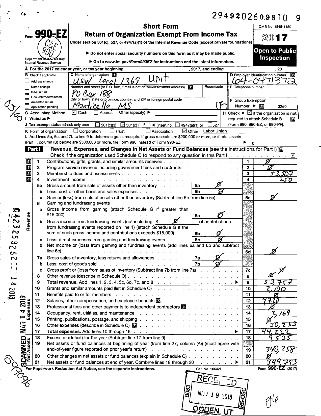 Image of first page of 2017 Form 990EO for United Steelworkers - 01369 Local