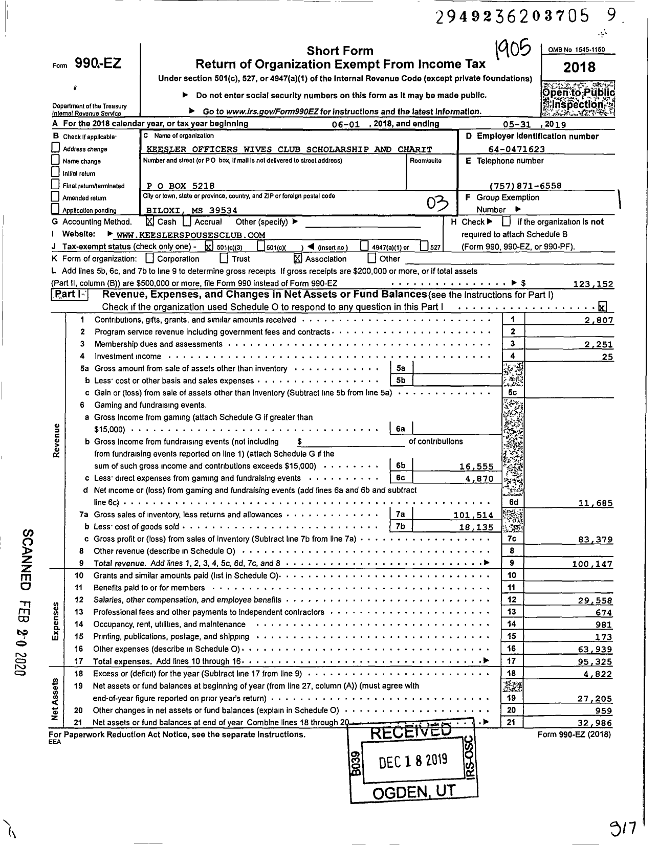 Image of first page of 2018 Form 990EZ for Keesler Officers Spouses Club