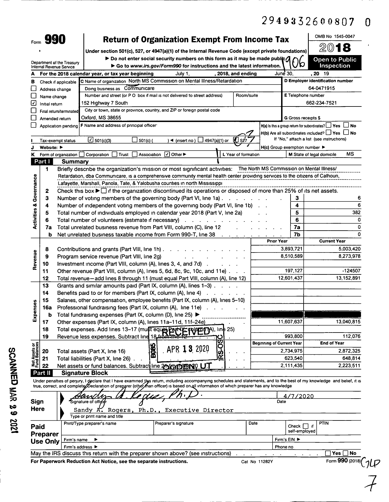 Image of first page of 2018 Form 990 for Communicare / North Mississippi Commission on Mental Illness & Mental Retardatio