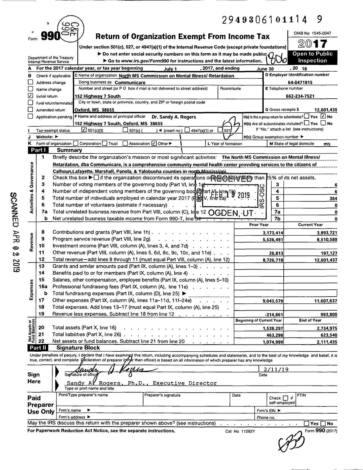 Image of first page of 2017 Form 990 for Communicare / North Mississippi Commission on Mental Illness & Mental Retardatio