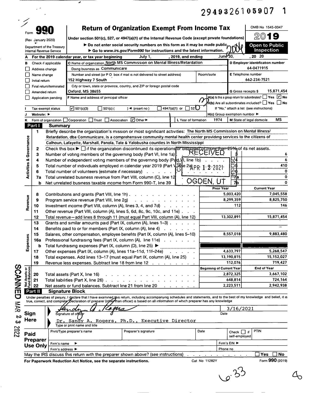 Image of first page of 2019 Form 990 for Communicare / North Mississippi Commission on Mental Illness & Mental Retardatio