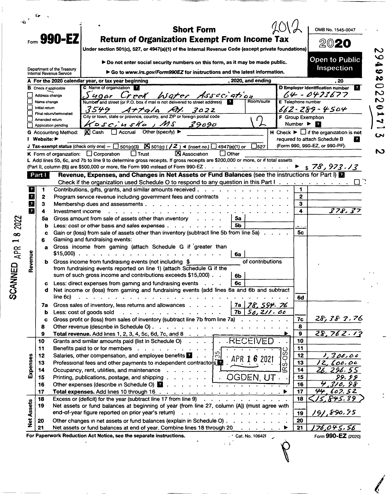 Image of first page of 2020 Form 990EO for Sugar Creek Water Association
