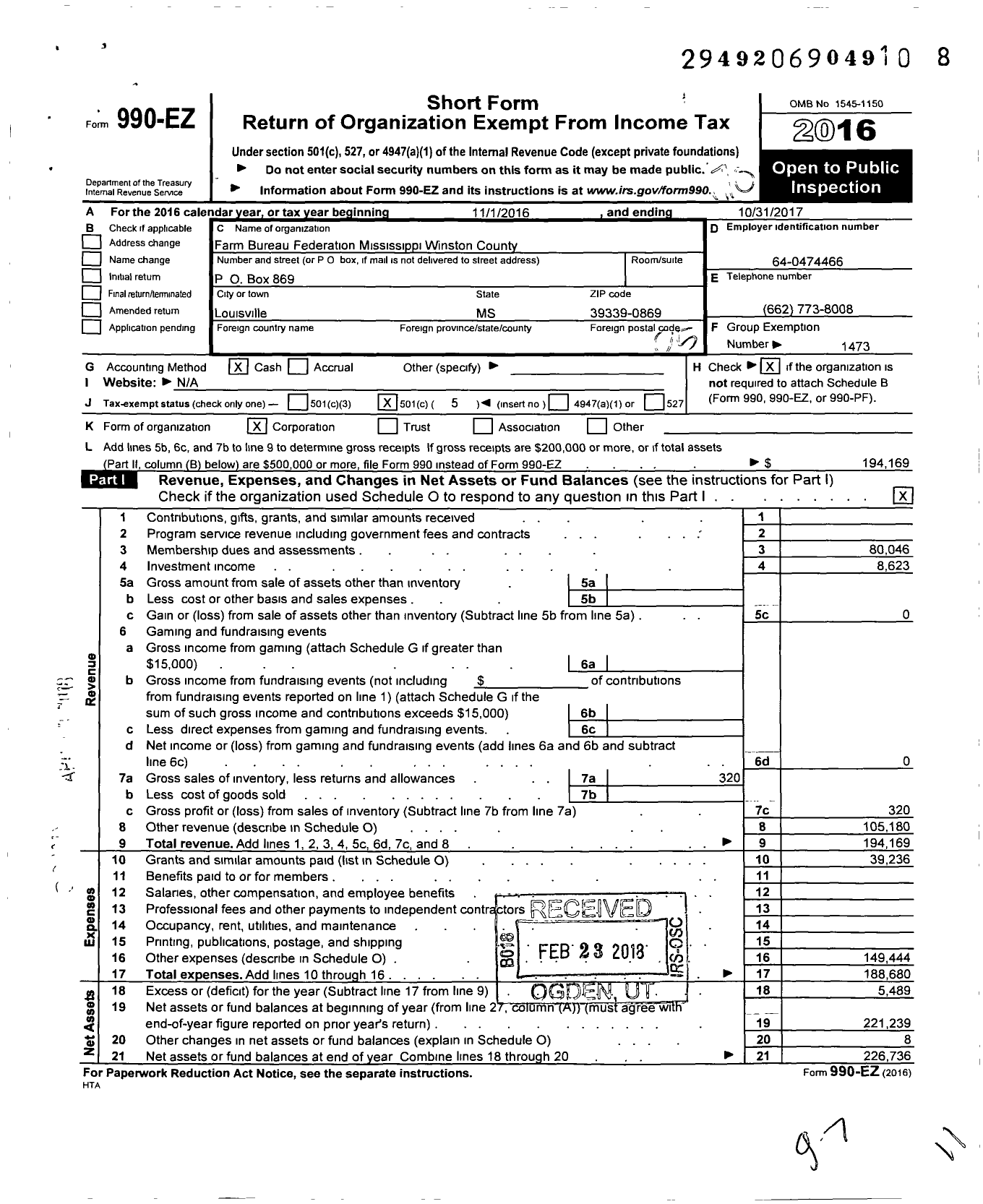 Image of first page of 2016 Form 990EO for Mississippi Farm Bureau Federation - Winston County