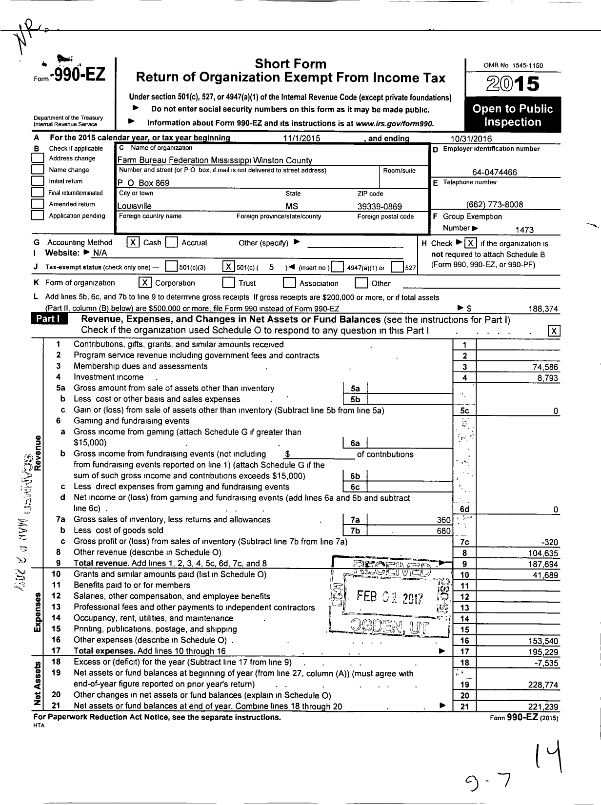 Image of first page of 2015 Form 990EO for Mississippi Farm Bureau Federation - Winston County