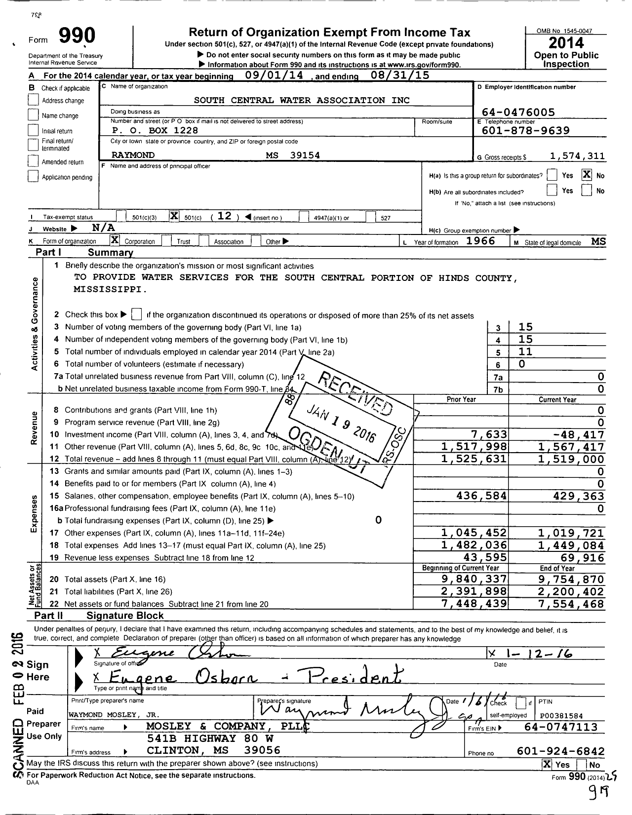 Image of first page of 2014 Form 990O for South Central Water Association