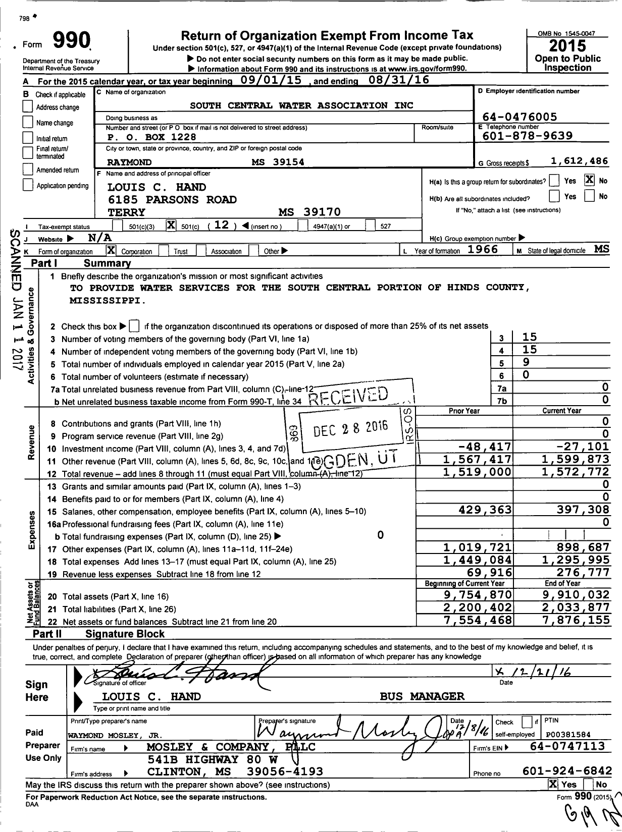 Image of first page of 2015 Form 990O for South Central Water Association