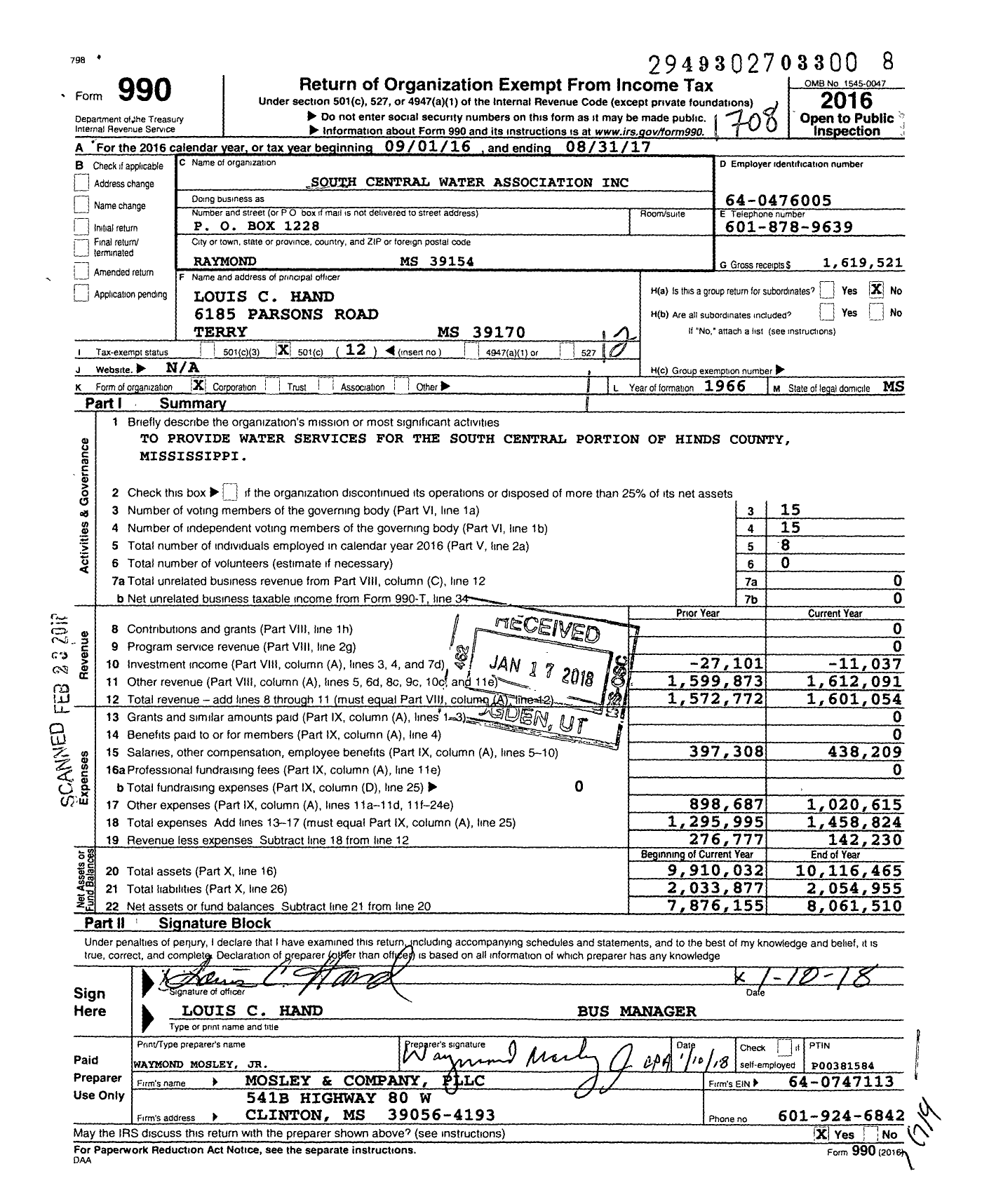 Image of first page of 2016 Form 990O for South Central Water Association
