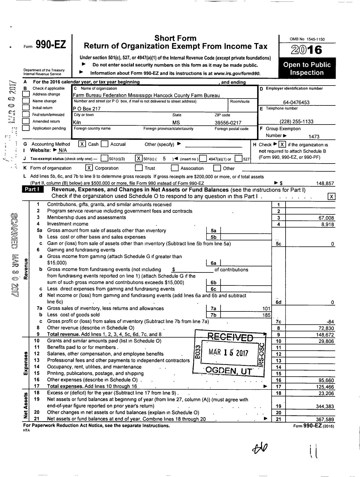 Image of first page of 2016 Form 990EO for Mississippi Farm Bureau Federation - Hancock County Farm Bureau