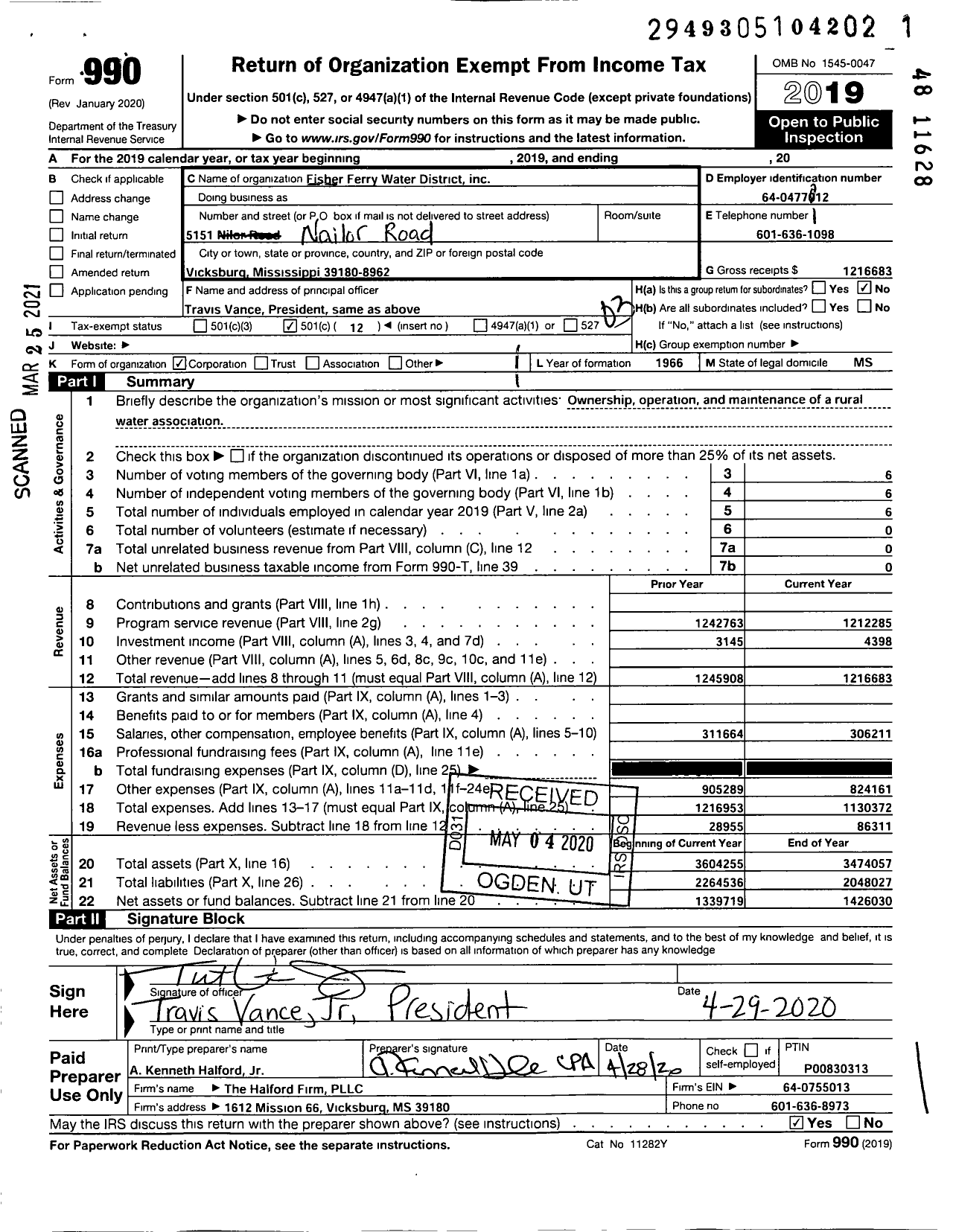 Image of first page of 2019 Form 990 for Fisher Ferry Water District