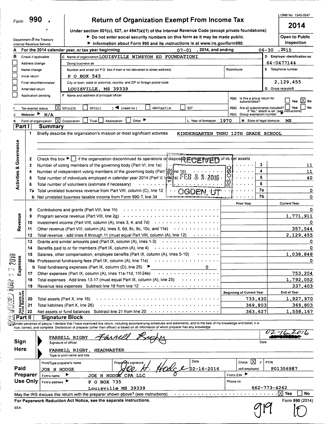 Image of first page of 2014 Form 990 for Louisville Winston Ed Foundation