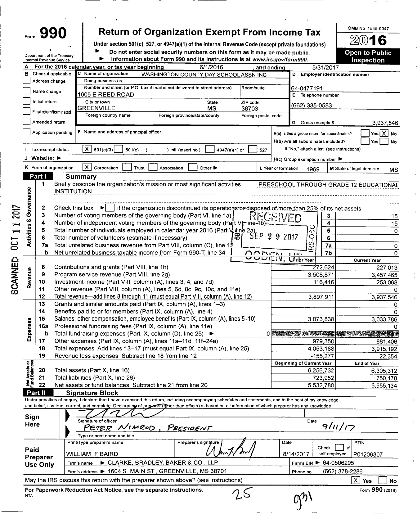 Image of first page of 2016 Form 990 for Washington County Day School Association