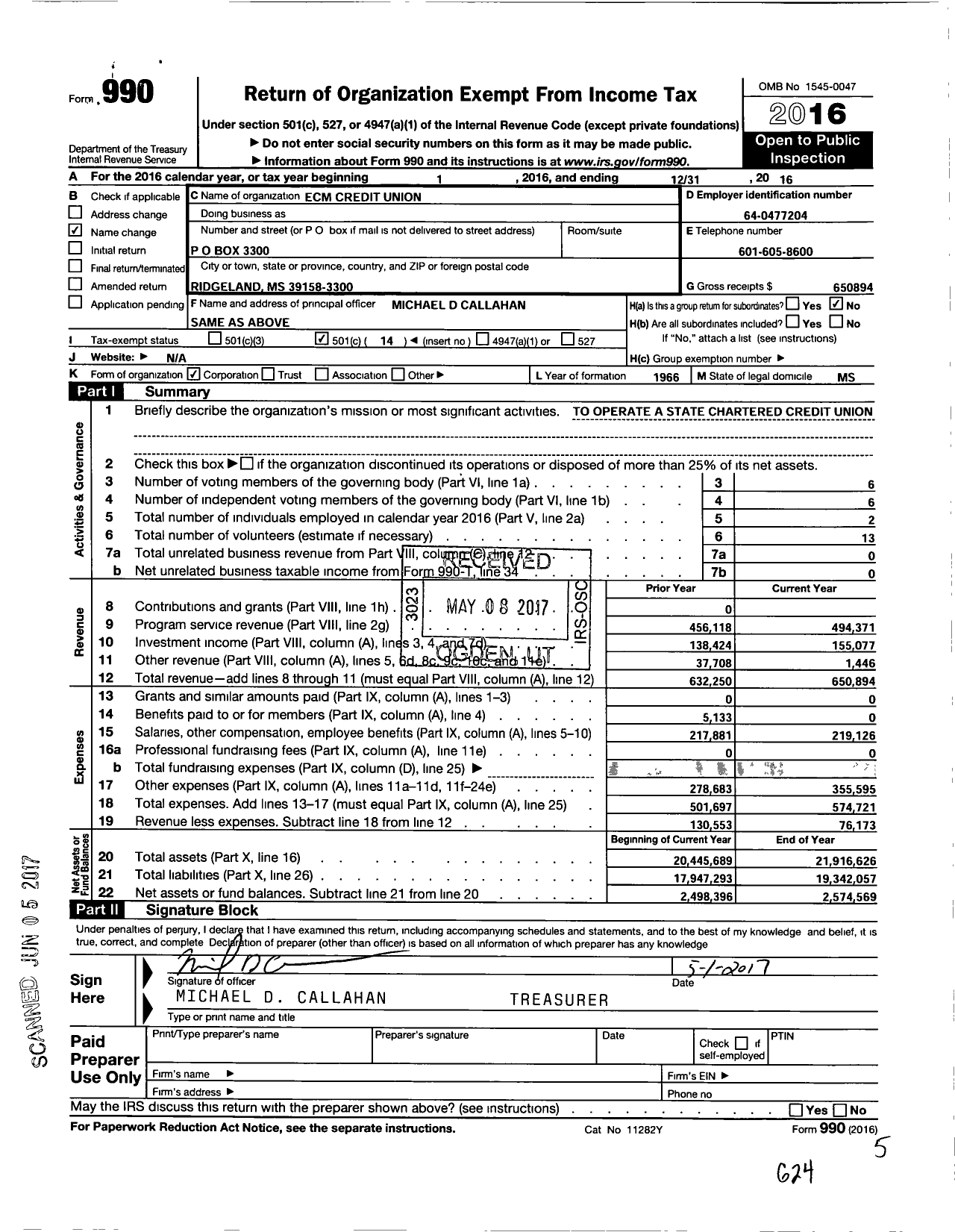 Image of first page of 2016 Form 990O for State Chartered Credit Unions in MS E P A Credit Union