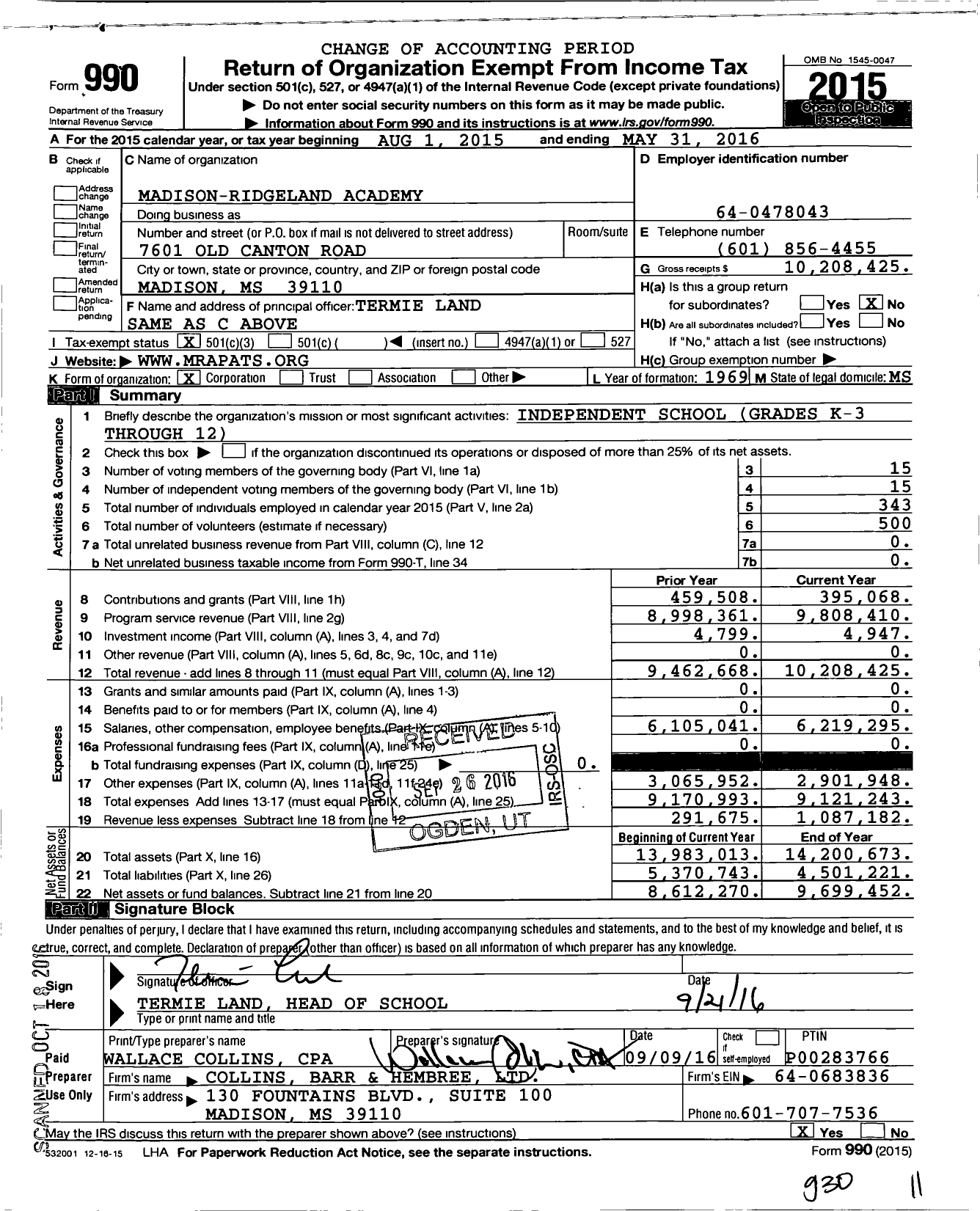 Image of first page of 2015 Form 990 for Madison-Ridgeland Academy (MRA)