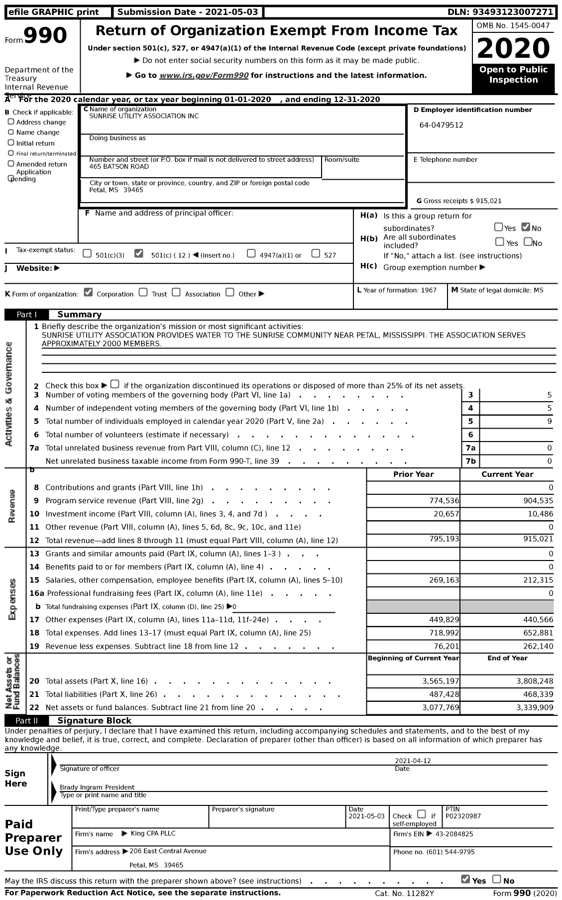 Image of first page of 2020 Form 990 for Sunrise Utility Association