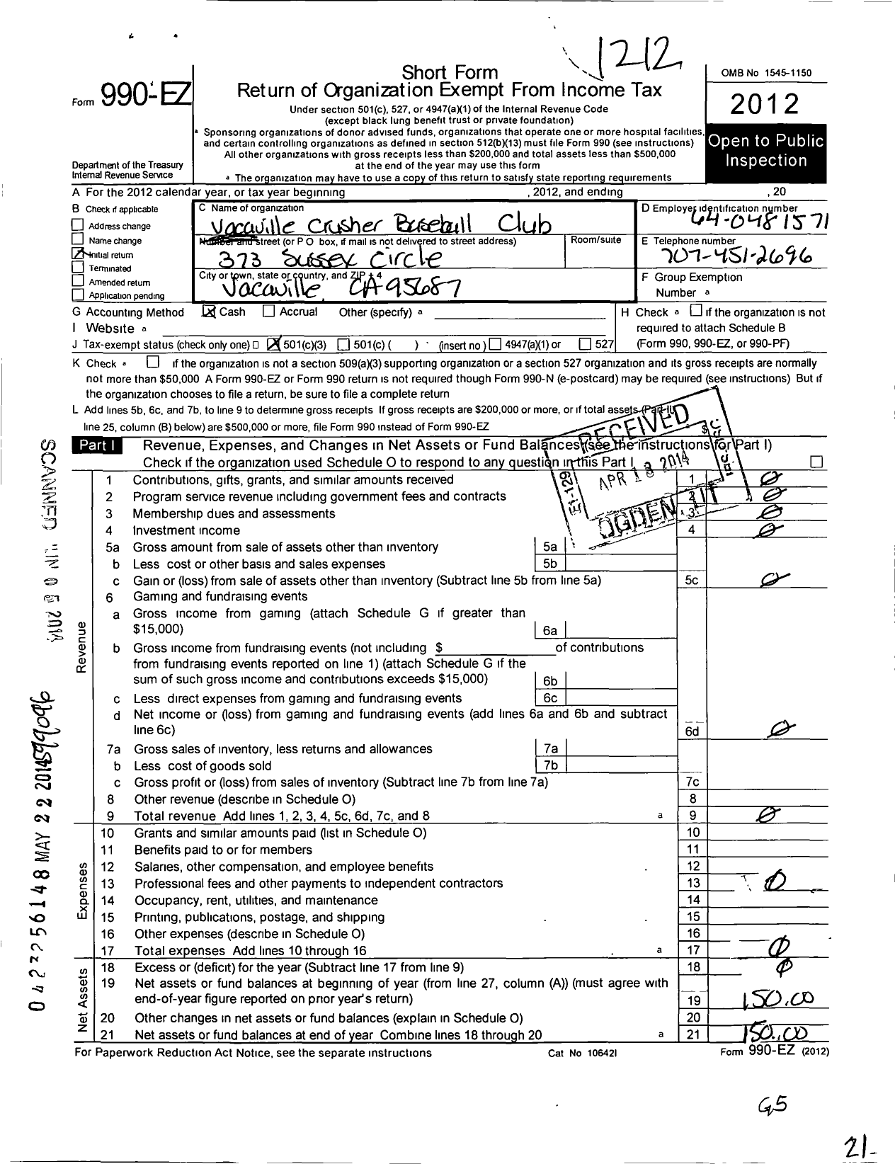 Image of first page of 2012 Form 990EZ for Vacaville Crusher Baseball Club