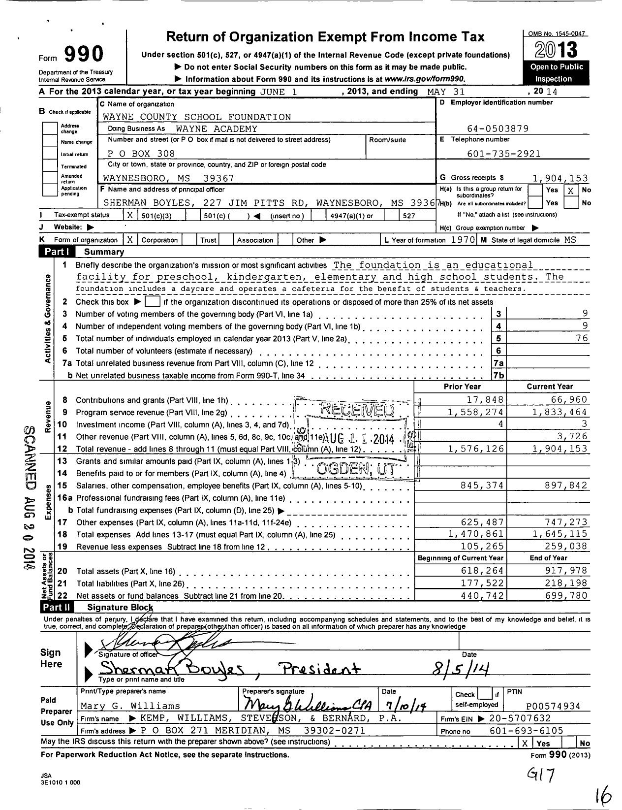 Image of first page of 2013 Form 990 for Wayne Academy