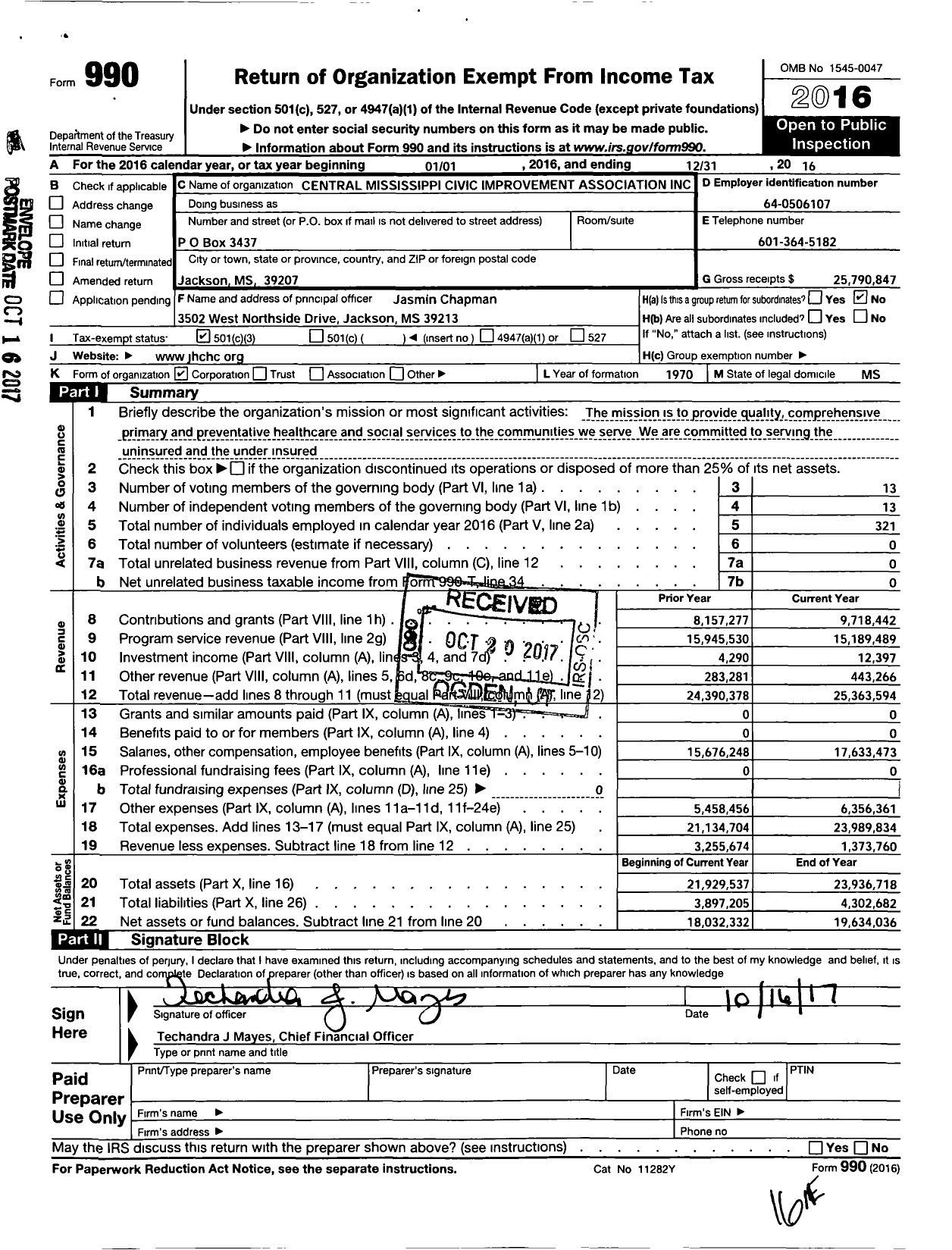 Image of first page of 2016 Form 990 for Central Mississippi Civic Improvement Association