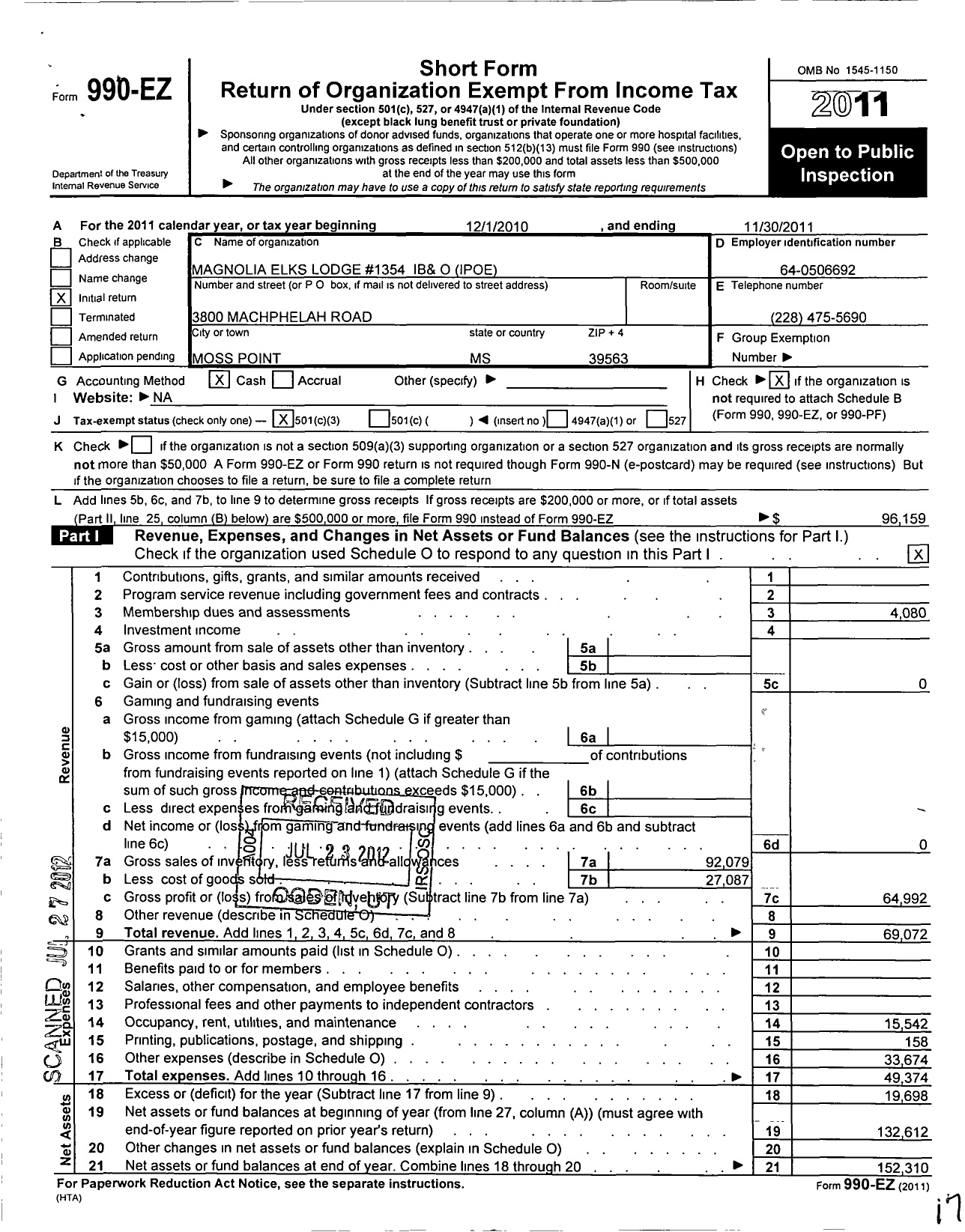 Image of first page of 2010 Form 990EZ for Improved Benevolent and Protective Order of Elks of the World - 1354 Magnolia Elks Lodge