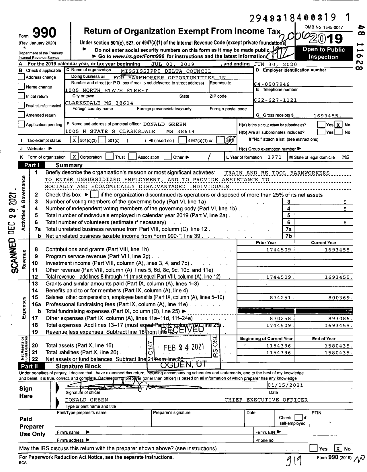 Image of first page of 2019 Form 990 for Mississippi Delta Council F0R Workers Opportunities