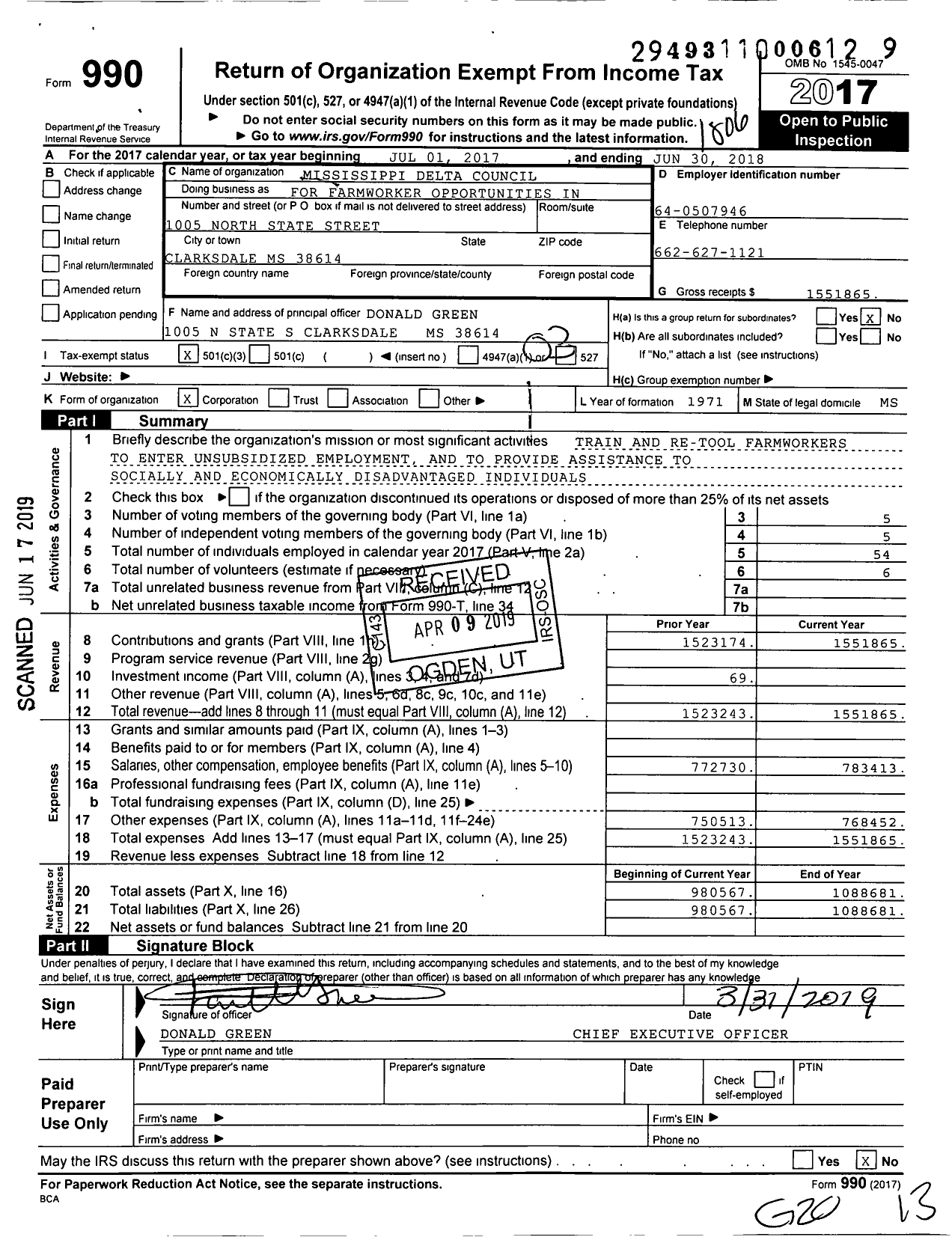 Image of first page of 2017 Form 990 for Mississippi Delta Council F0R Workers Opportunities