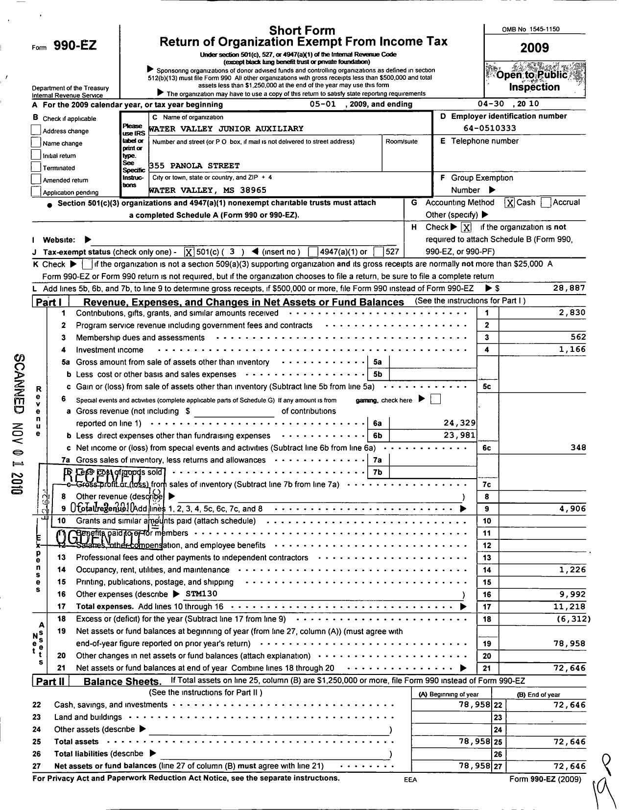 Image of first page of 2009 Form 990EZ for Water Valley Junior Auxiliary