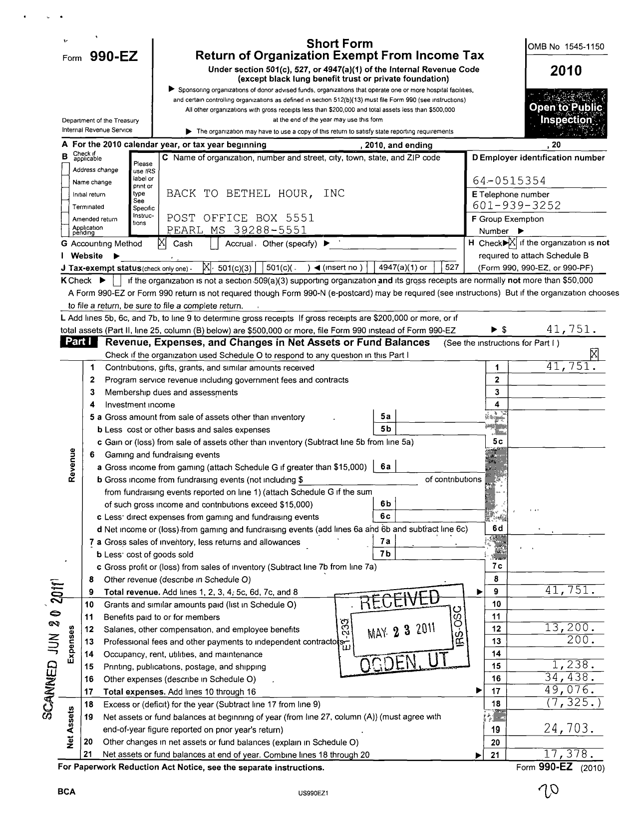 Image of first page of 2010 Form 990EZ for Back To Bethel Hour