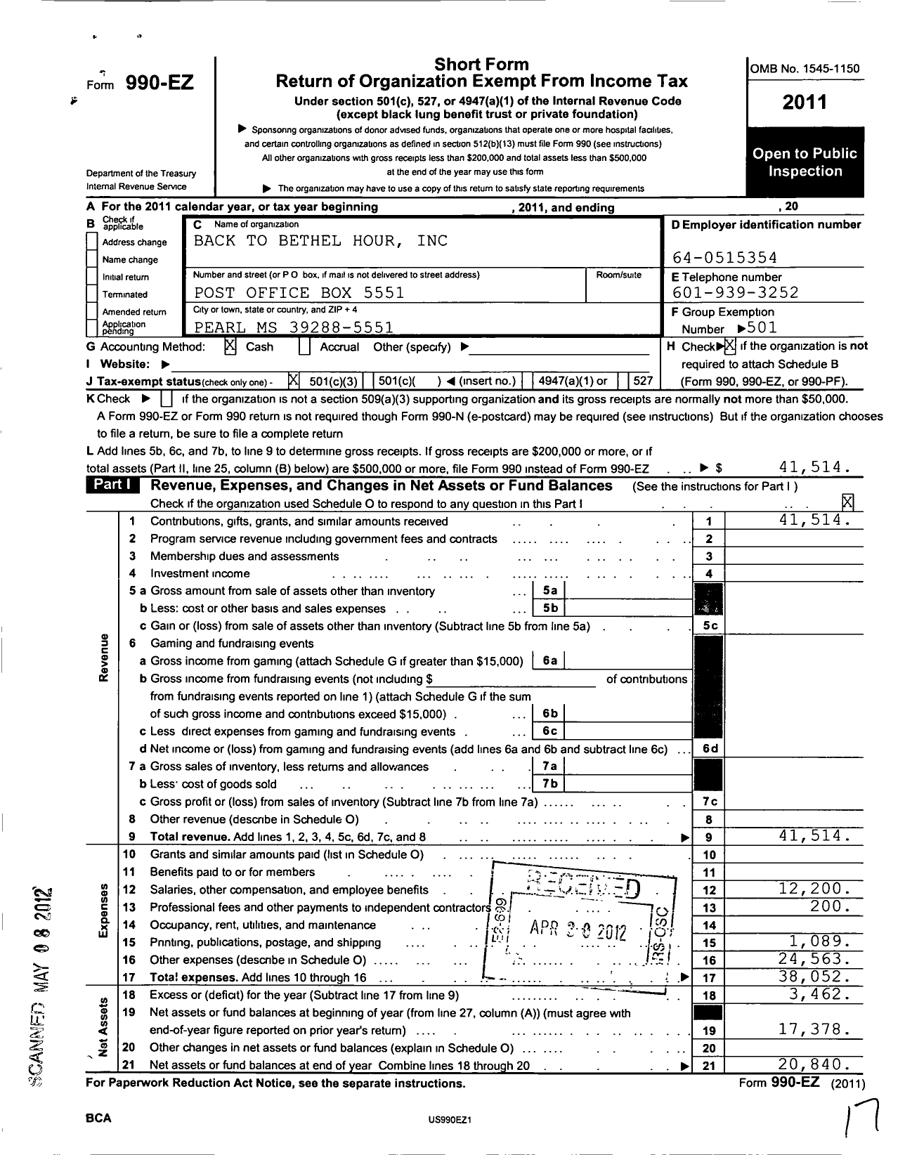 Image of first page of 2011 Form 990EZ for Back To Bethel Hour