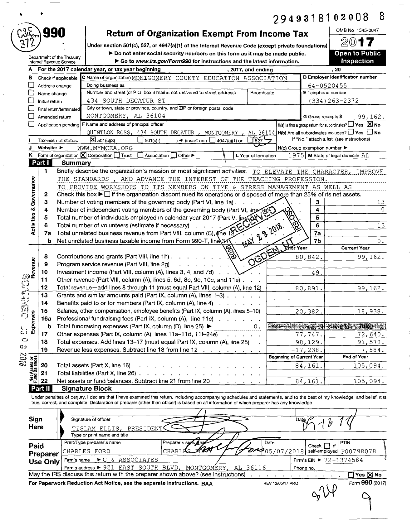 Image of first page of 2017 Form 990 for Montgomery County Education Association