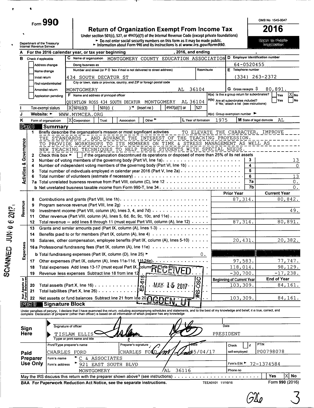 Image of first page of 2016 Form 990 for Montgomery County Education Association