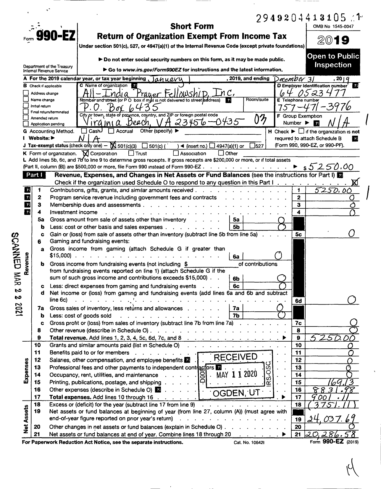 Image of first page of 2019 Form 990EZ for All India Prayer Fellowship