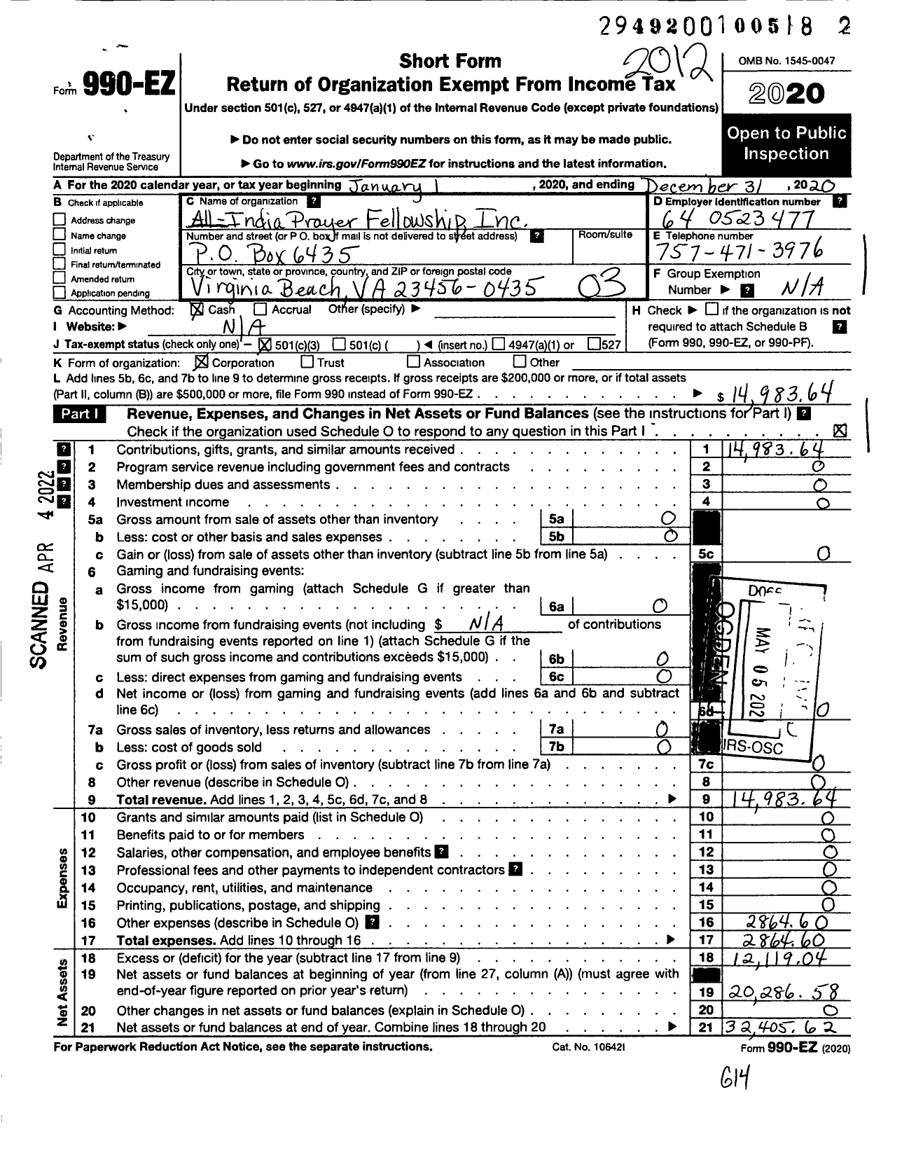 Image of first page of 2020 Form 990EZ for All India Prayer Fellowship