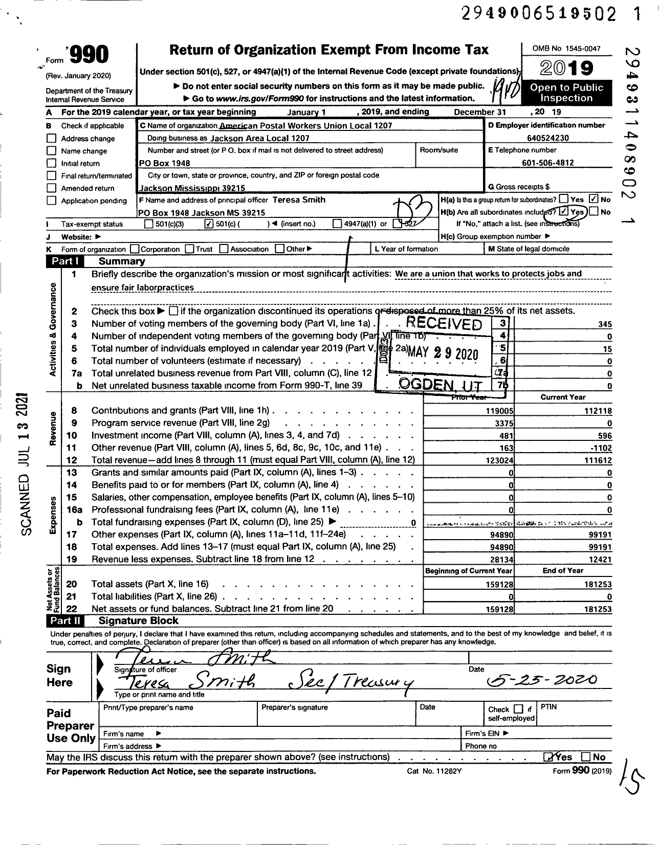 Image of first page of 2019 Form 990 for American Postal Workers Union - 1207 Jackson Miss Al