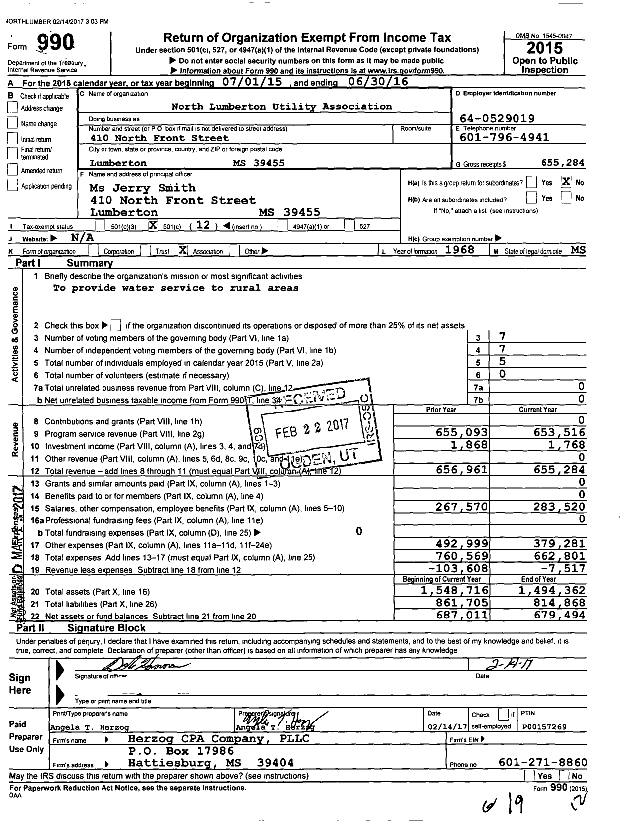 Image of first page of 2015 Form 990O for North Lumberton Utility Association