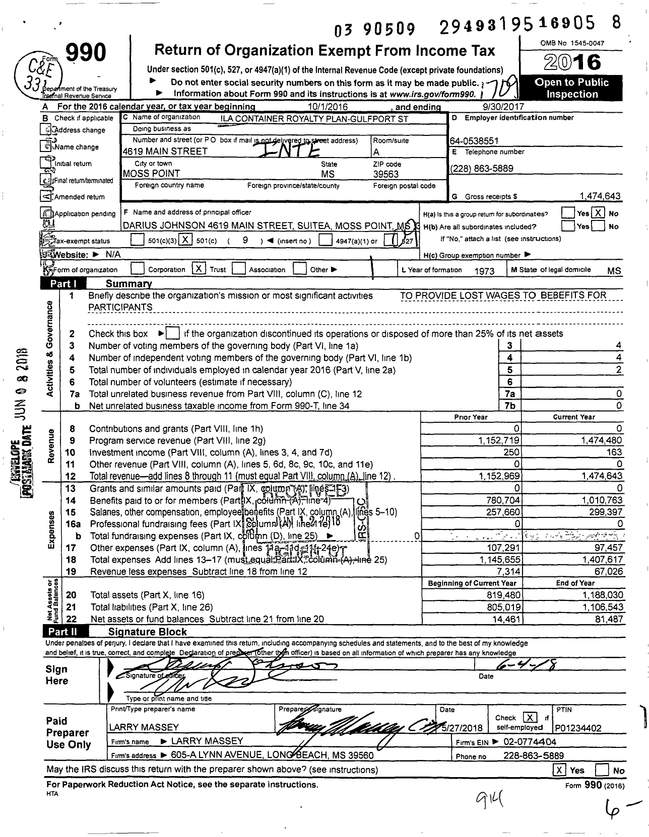 Image of first page of 2016 Form 990O for Ila Container Royalty Plan-Gulfport St
