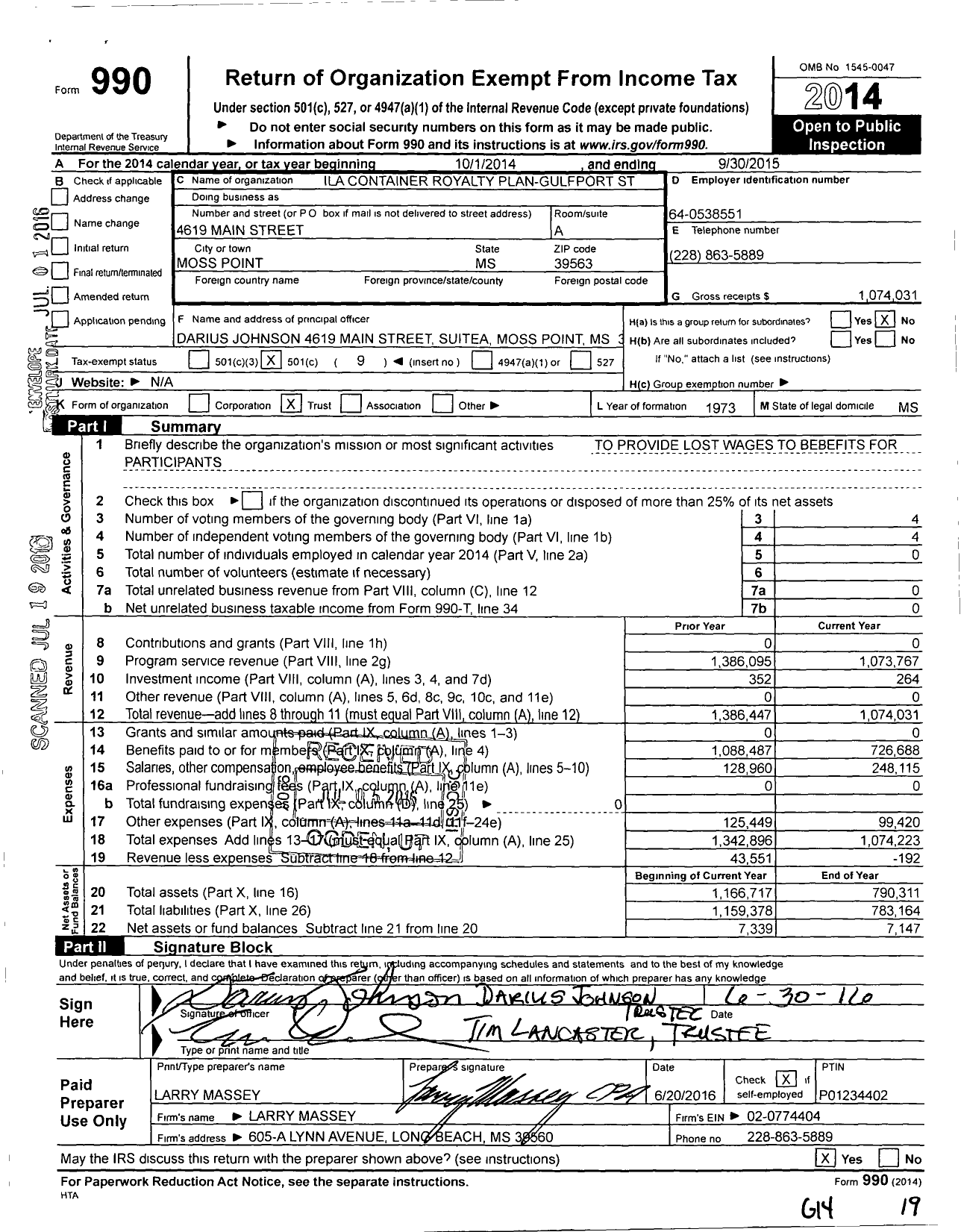 Image of first page of 2014 Form 990O for Ila Container Royalty Plan-Gulfport St