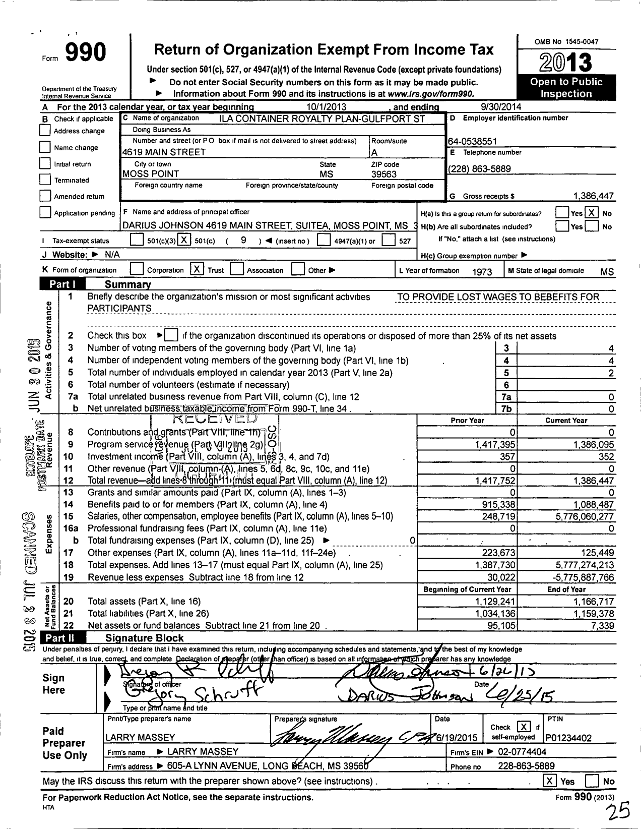 Image of first page of 2013 Form 990O for Ila Container Royalty Plan-Gulfport St