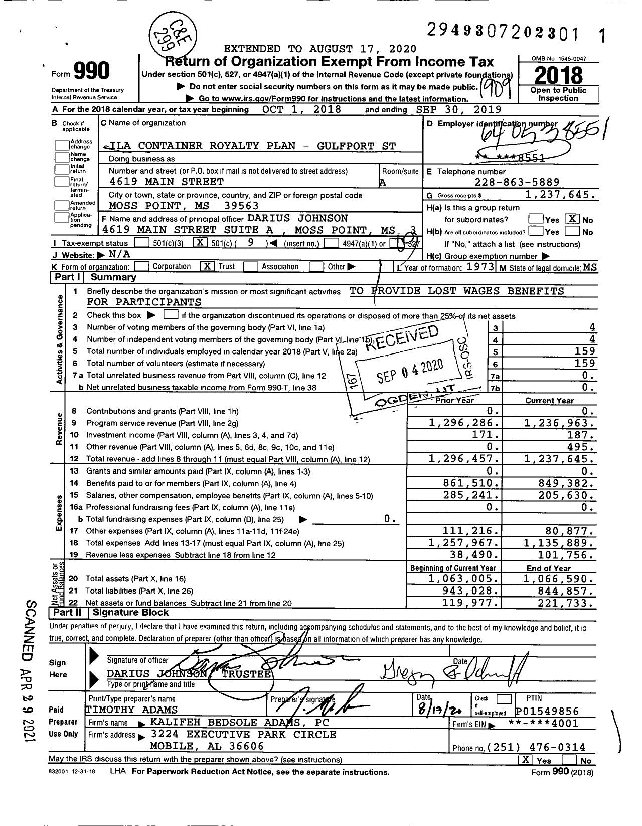 Image of first page of 2018 Form 990O for Ila Container Royalty Plan-Gulfport St