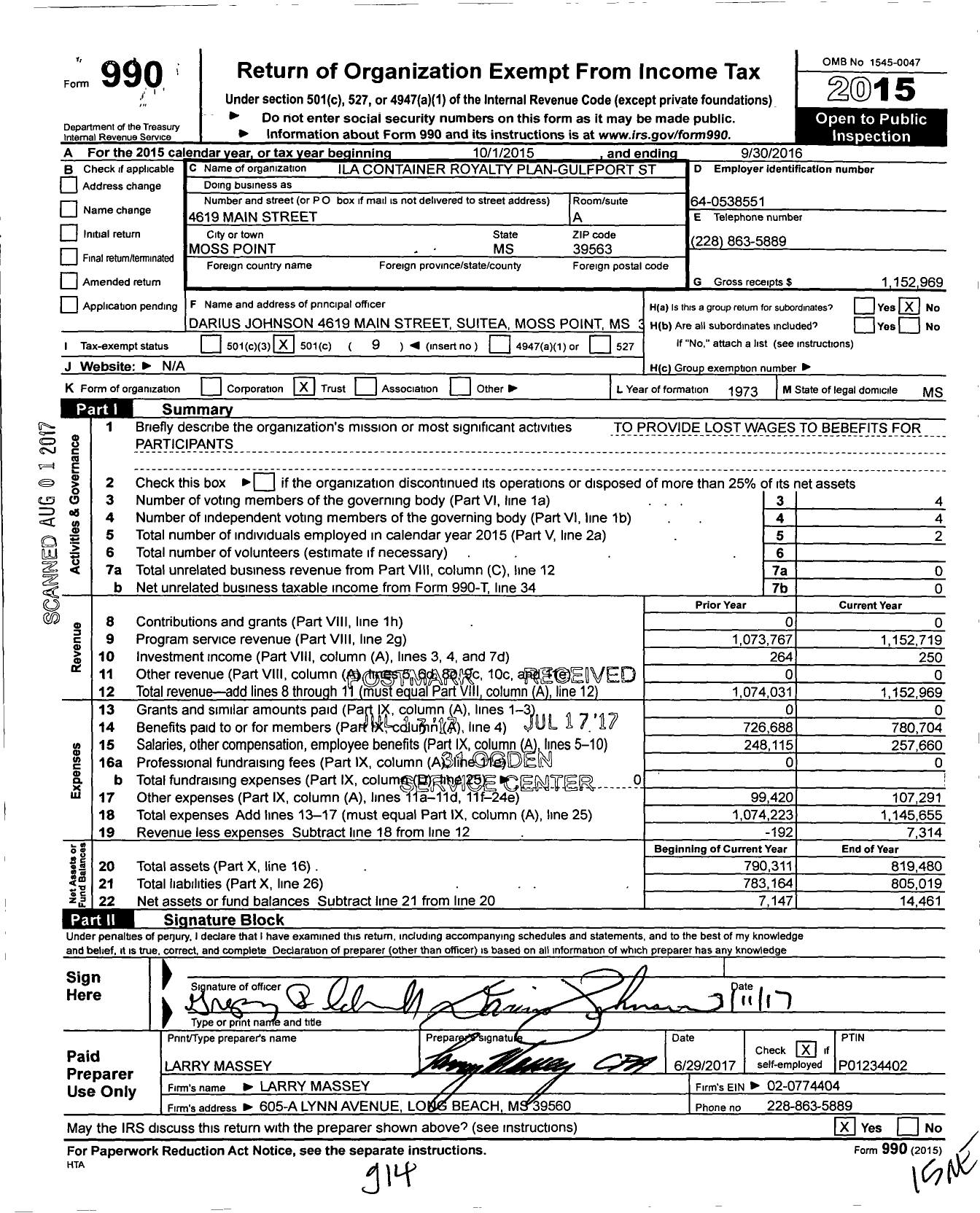 Image of first page of 2015 Form 990O for Ila Container Royalty Plan-Gulfport St