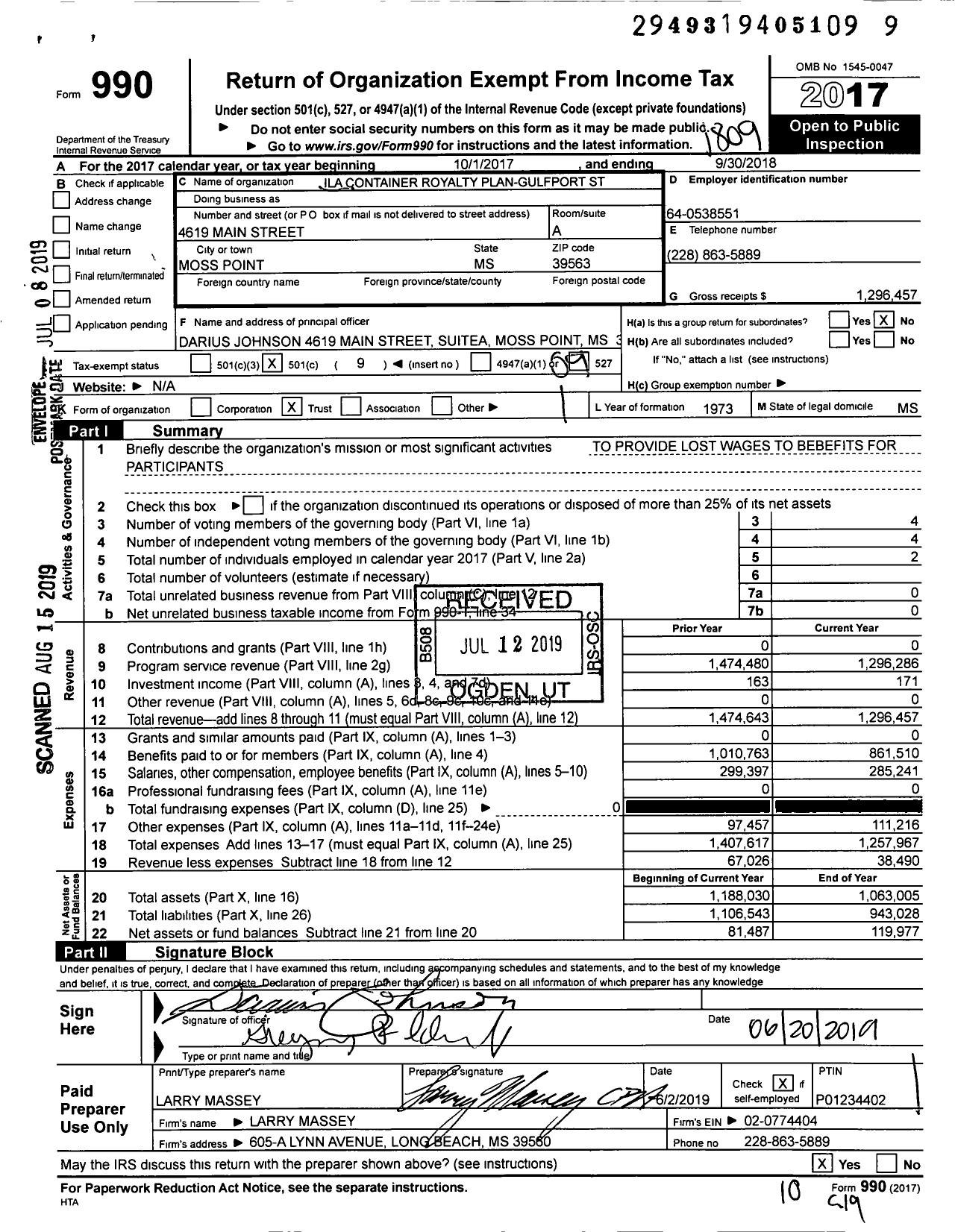 Image of first page of 2017 Form 990O for Ila Container Royalty Plan-Gulfport St