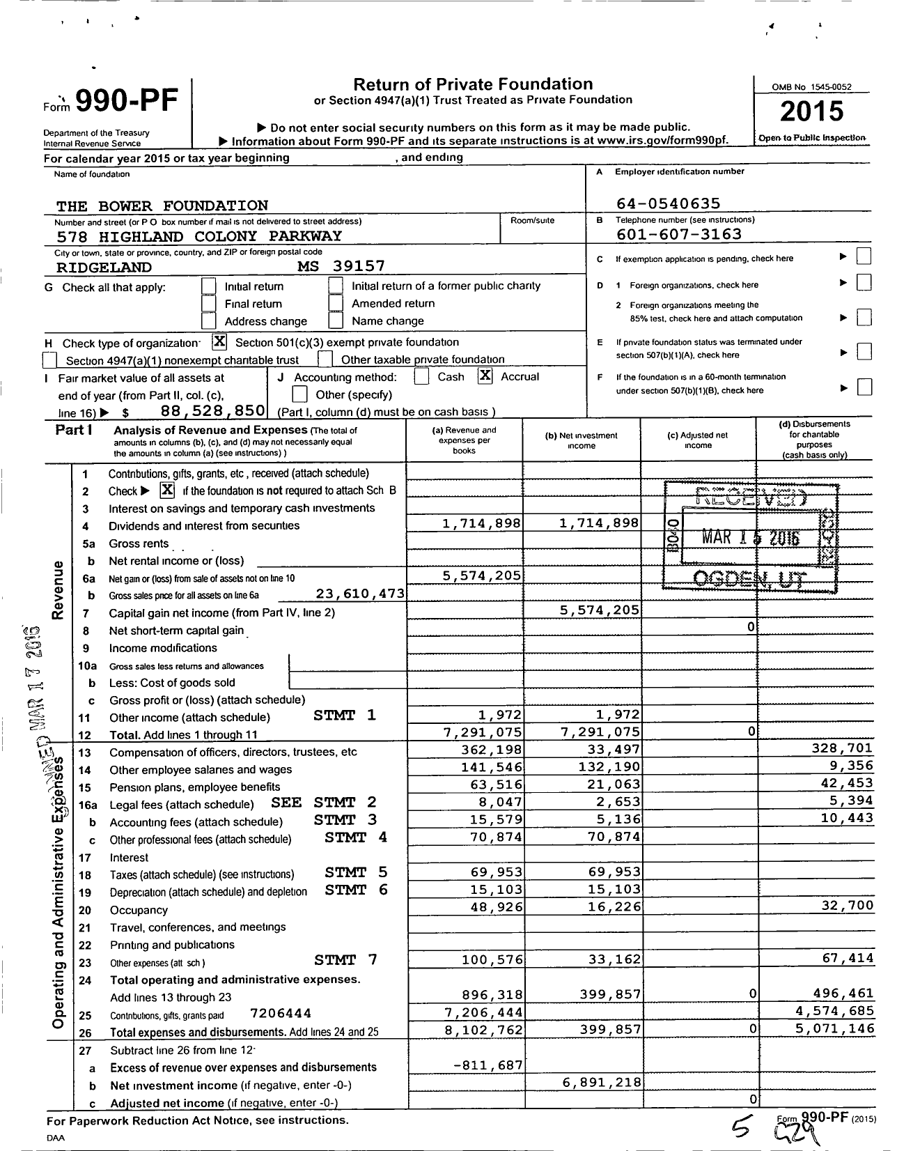 Image of first page of 2015 Form 990PF for The Bower Foundation