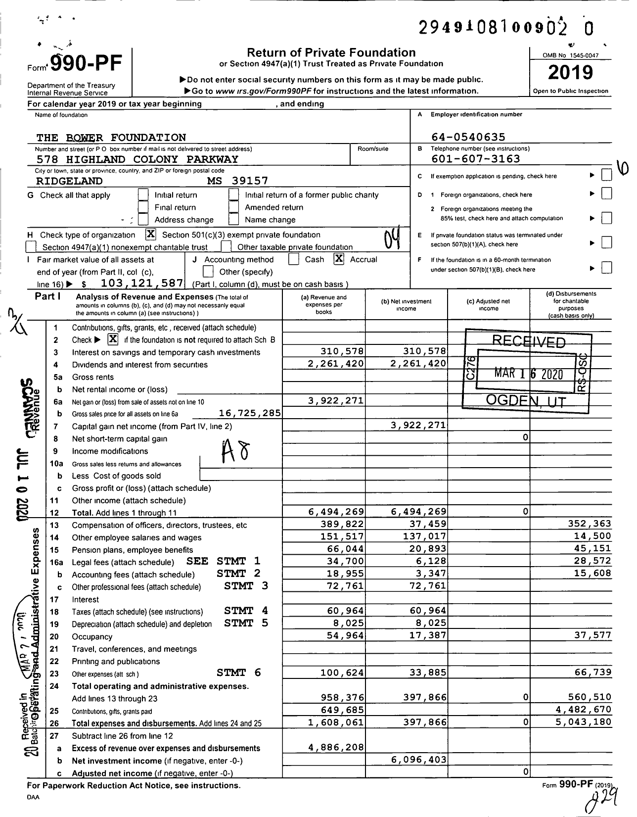 Image of first page of 2019 Form 990PR for The Bower Foundation