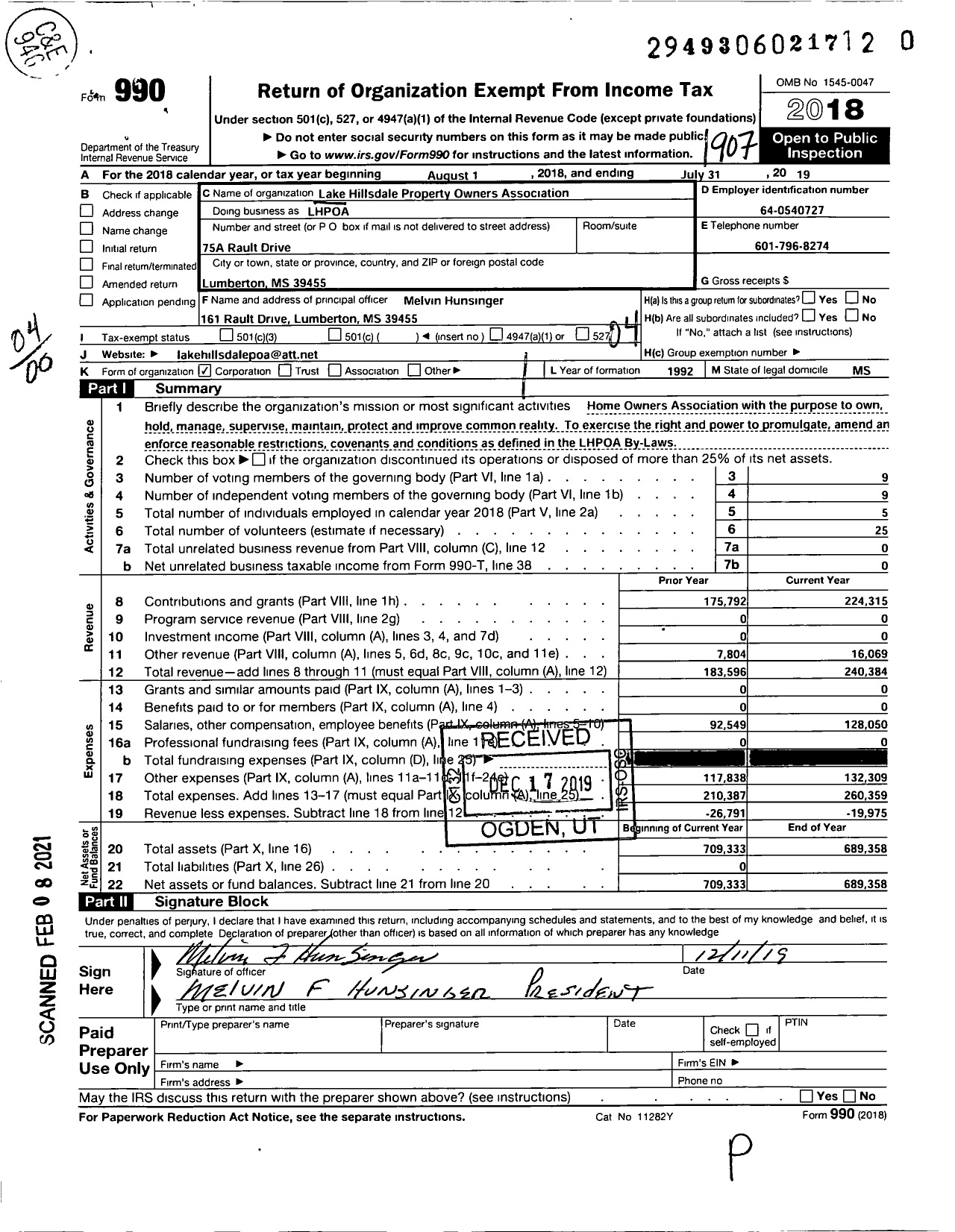 Image of first page of 2018 Form 990O for Lake Hillsdale Property Owners Association (LHPOA)