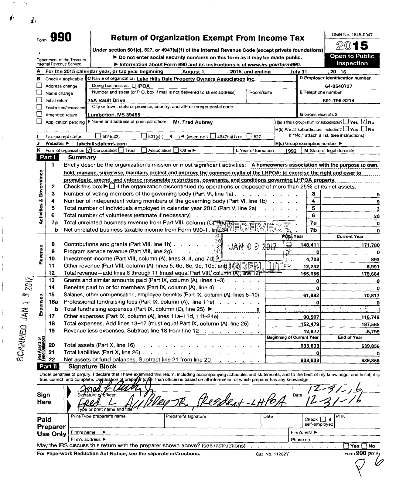 Image of first page of 2015 Form 990O for Lake Hillsdale Property Owners Association (LHPOA)