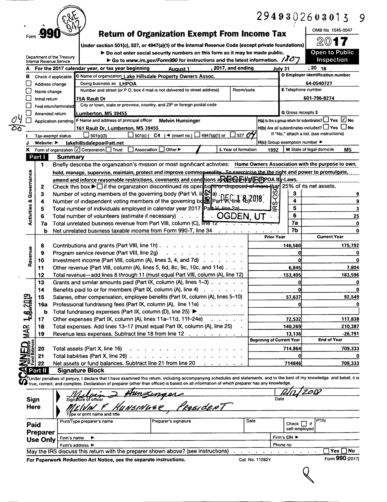 Image of first page of 2017 Form 990O for Lake Hillsdale Property Owners Association (LHPOA)