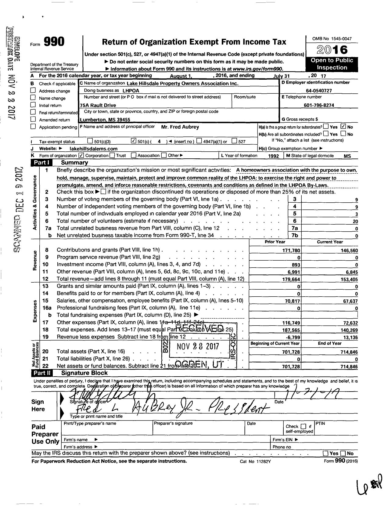 Image of first page of 2016 Form 990O for Lake Hillsdale Property Owners Association (LHPOA)