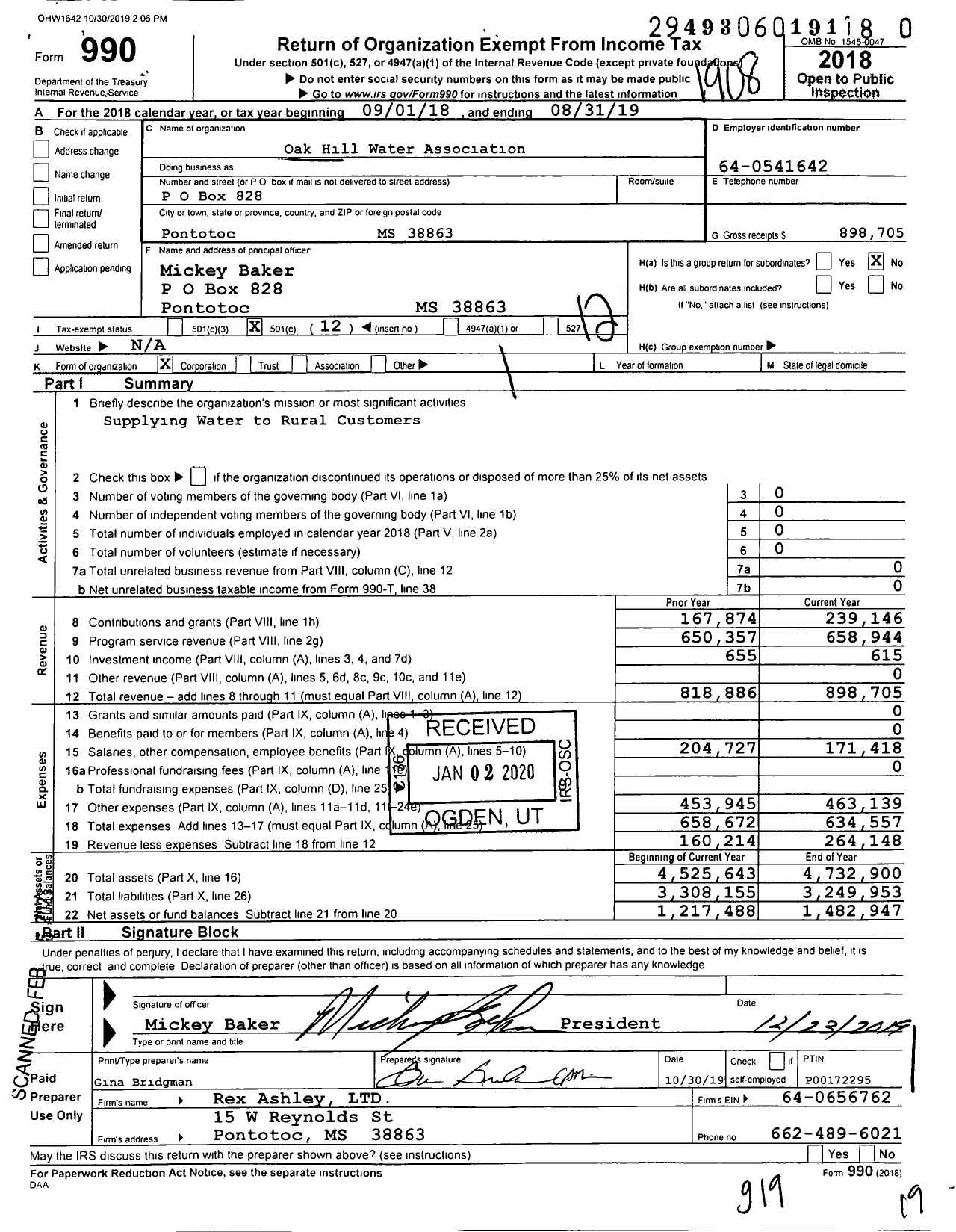 Image of first page of 2018 Form 990O for Oak Hill Water Association