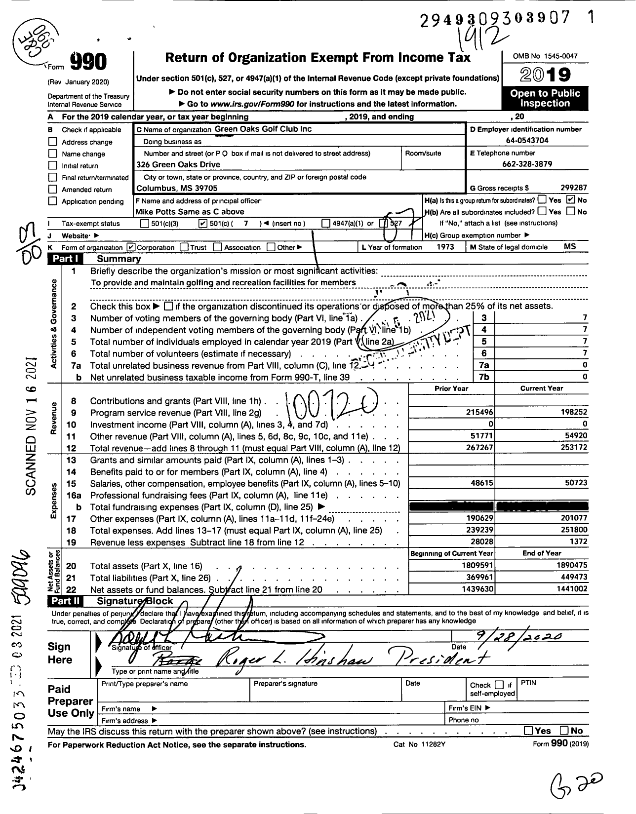 Image of first page of 2019 Form 990O for Green Oaks Golf Club