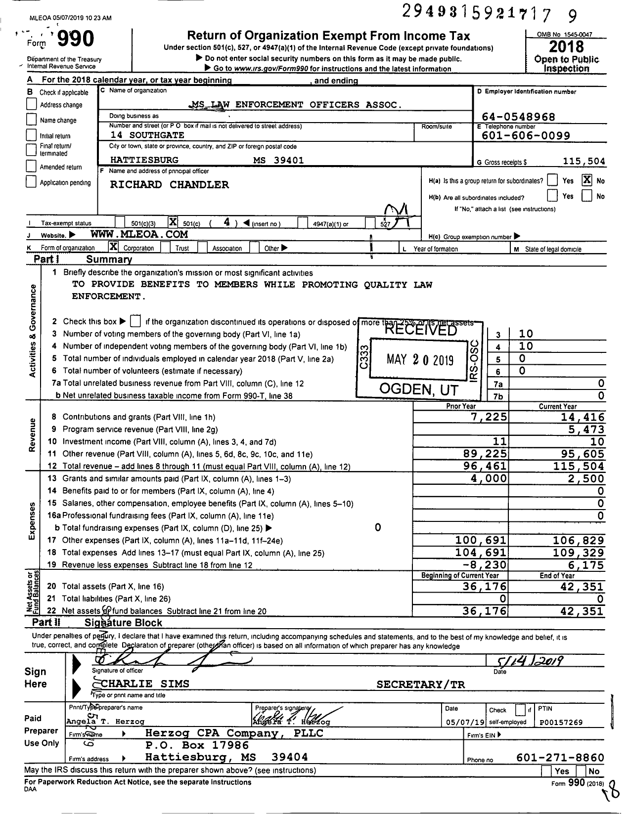 Image of first page of 2018 Form 990O for Mississippi Law Enforcement Officers Association