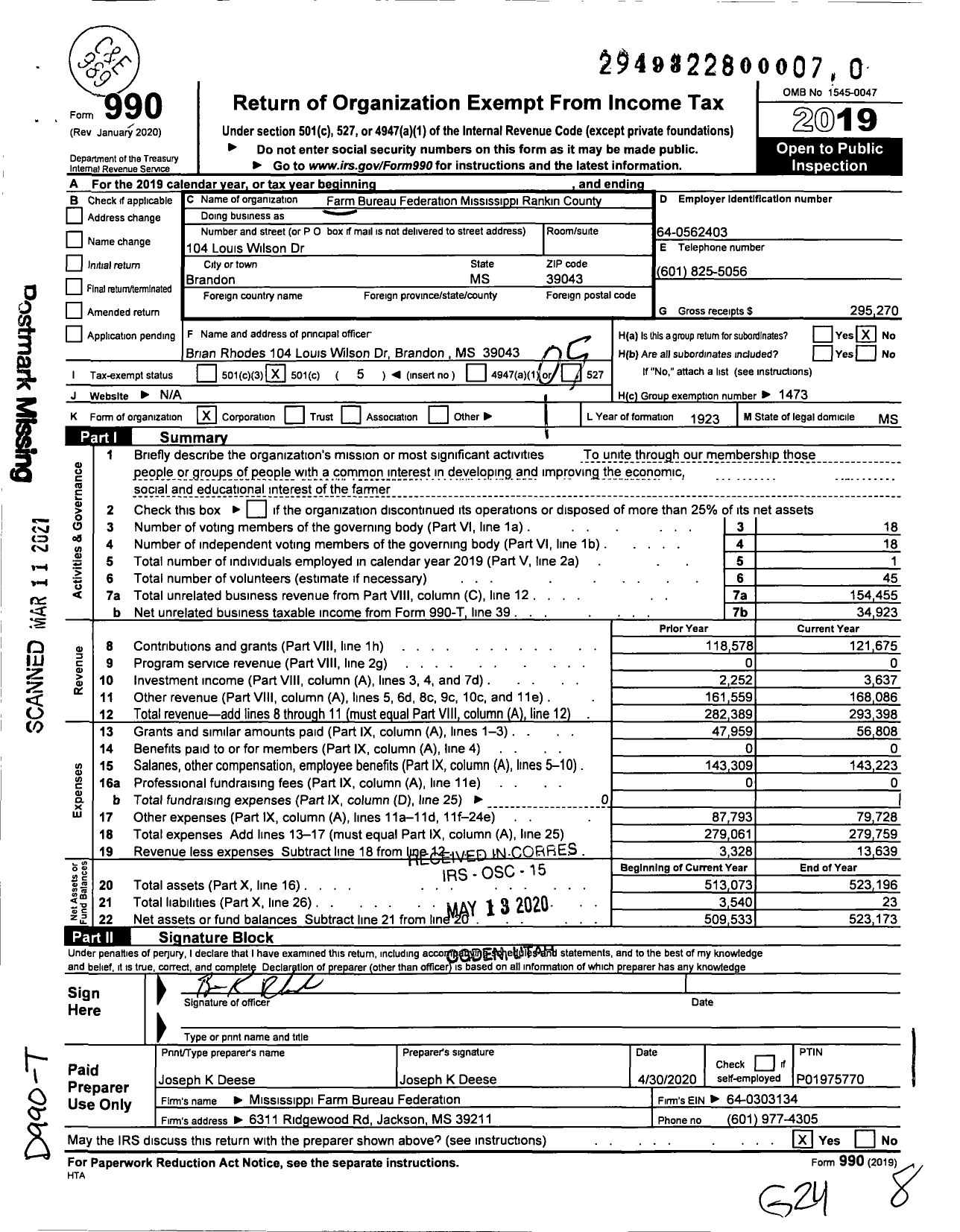 Image of first page of 2019 Form 990O for Mississippi Farm Bureau Federation - Rankin County