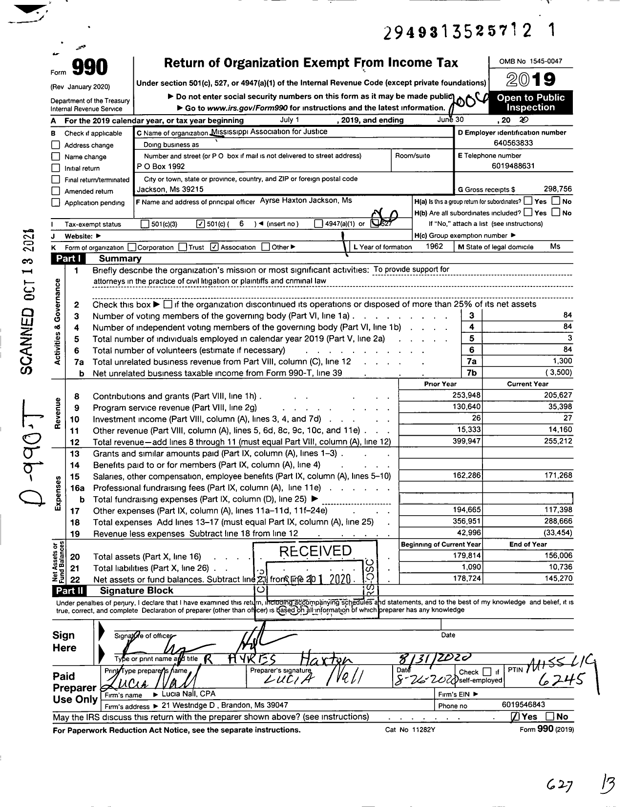 Image of first page of 2019 Form 990O for Mississippi Association for Justice